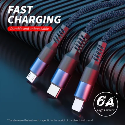 6A Super Fast Charger 3 in 1 USB Cable Micro Usb Type-C iPhone Charger