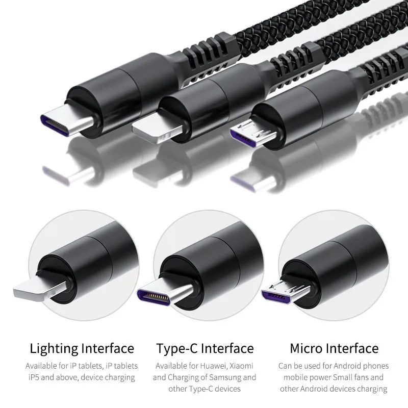 6A Super Fast Charger 3 in 1 USB Cable Micro Usb Type-C iPhone Charger